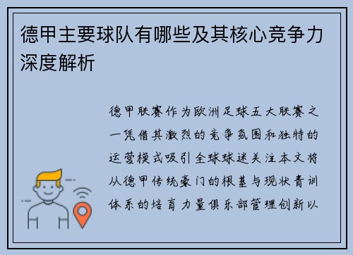 德甲主要球队有哪些及其核心竞争力深度解析
